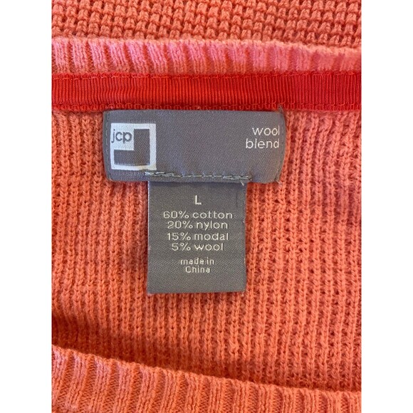 JCP Sweater size Large Orange Distressed Henley Front Knit Sleeves Wool Blend - Picture 6 of 8